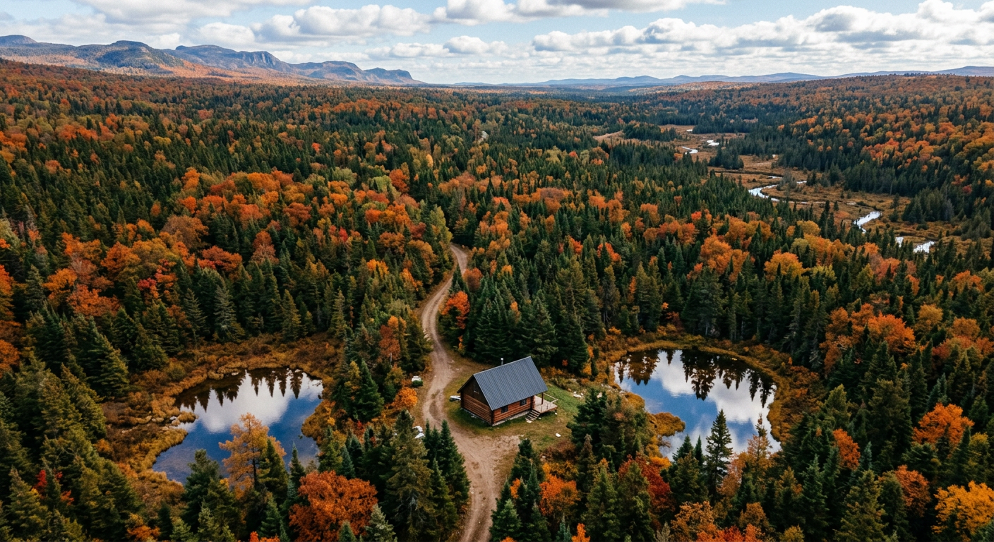 Aerial view of a cabin surrounded by dense forest with two small ponds