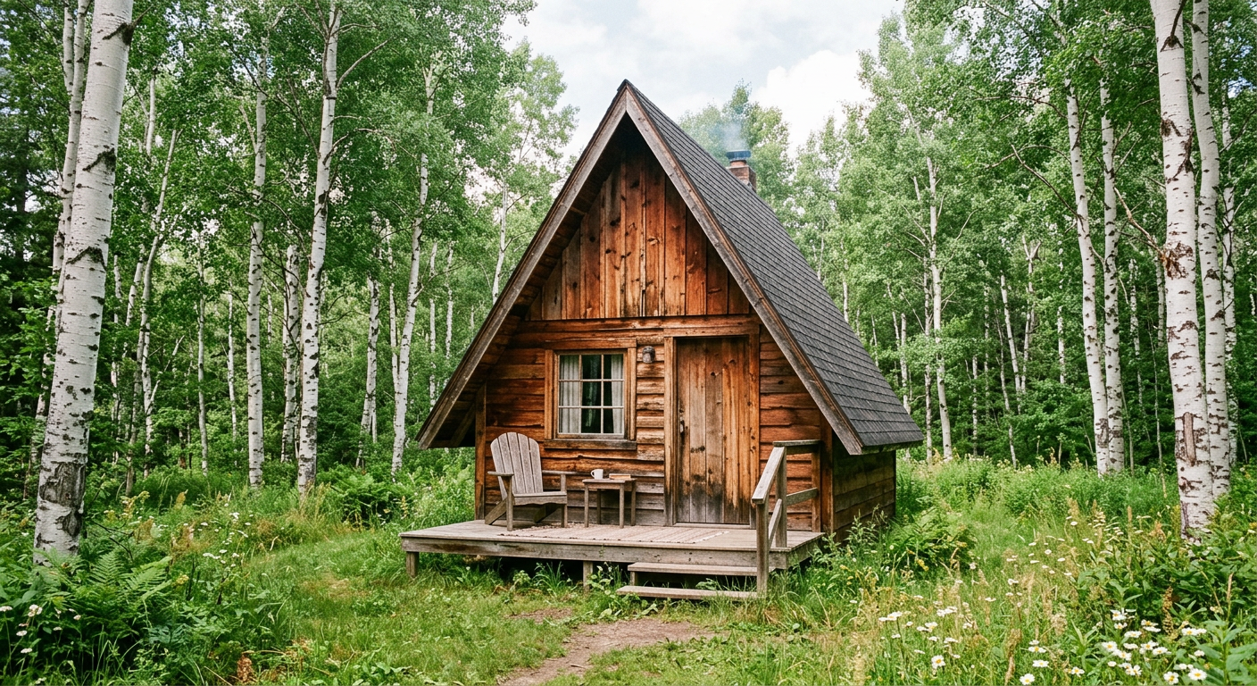A rustic wooden cabin among tall birch trees in a green clearing