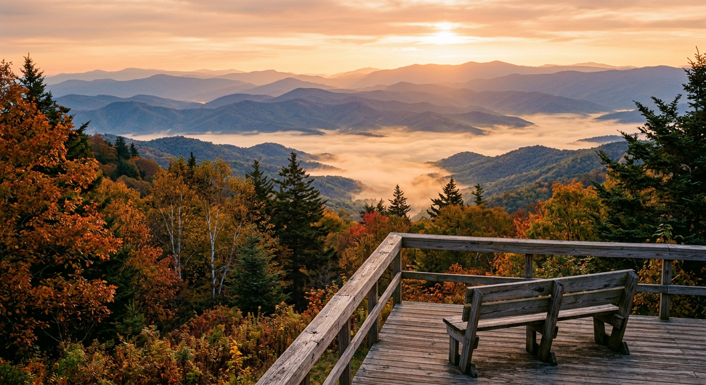 Layered mountain ridges at sunrise seen from a wooden deck