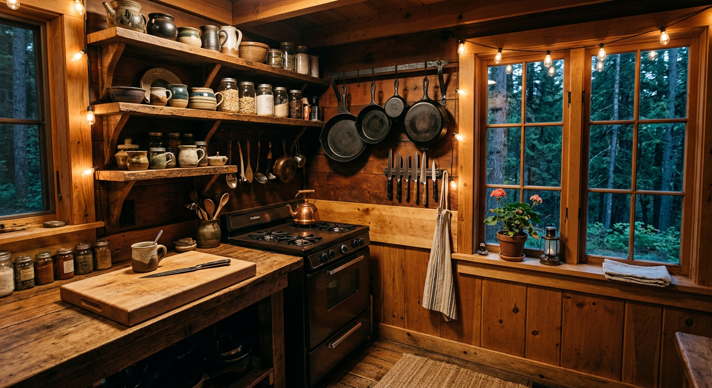 A small rustic cabin kitchen with hanging cast iron pans and open shelves