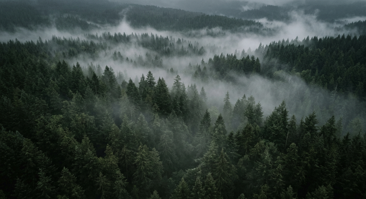 Misty evergreen forest canopy from above