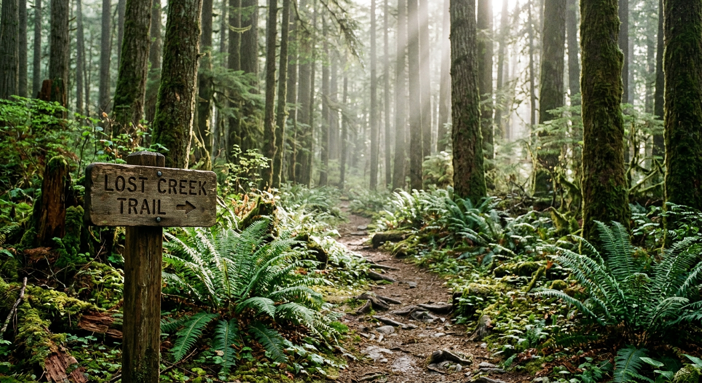 A mossy forest trail winding through tall evergreen trees