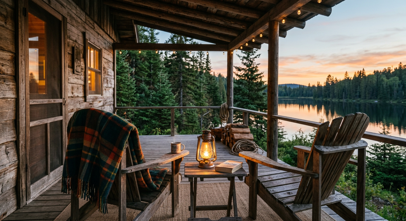 Covered porch with chairs and a wool blanket