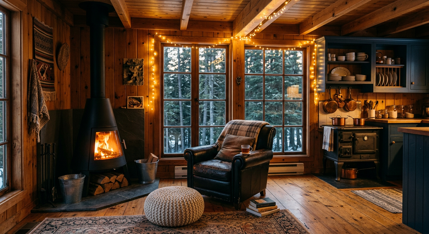 Cozy cabin interior with a wood-burning stove and warm string lights