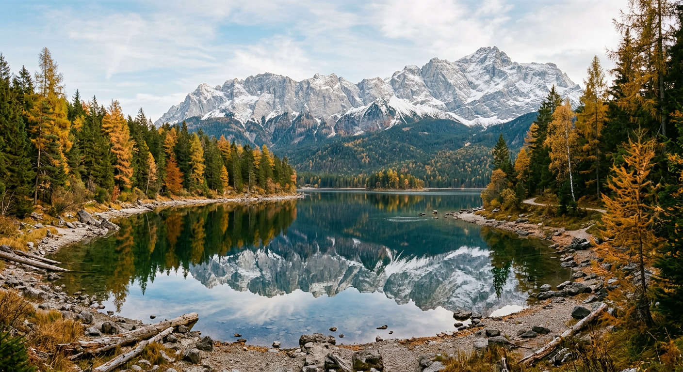 A calm alpine lake reflecting mountains and autumn trees