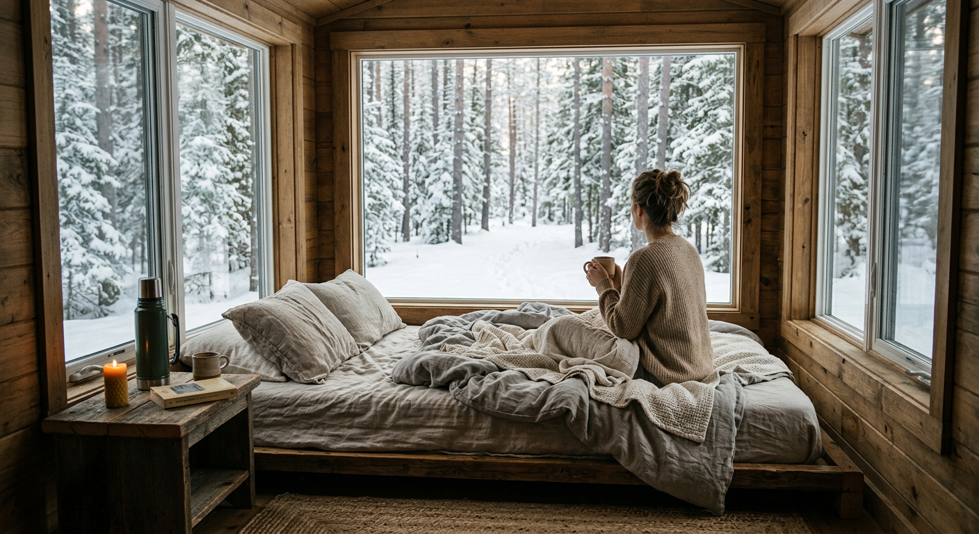 A person sitting on a bed by a window framing a snowy pine forest