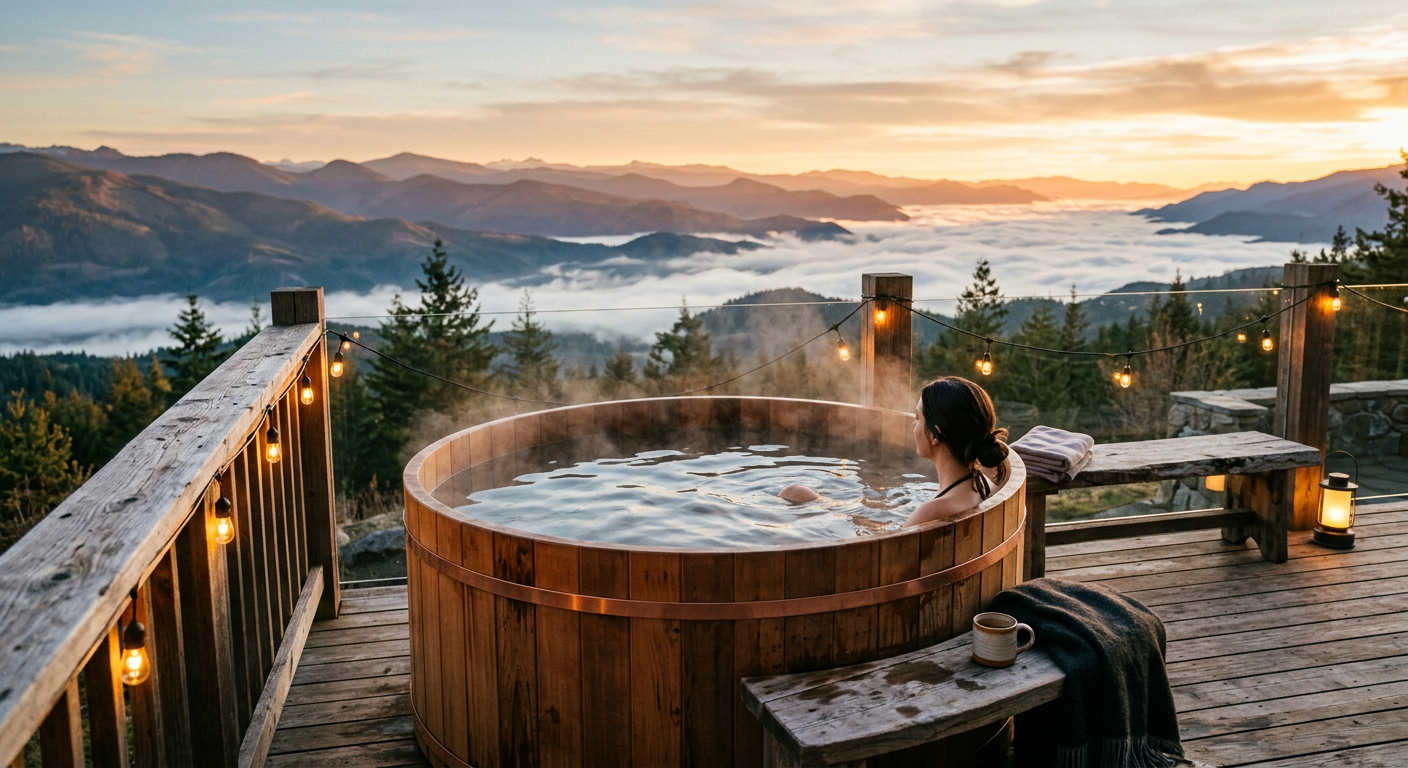 A wooden hot tub steaming on a deck overlooking mountains at sunset